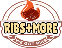 Logo of Ribs+More featuring a flame and ribs, emphasizing barbecue cuisine.