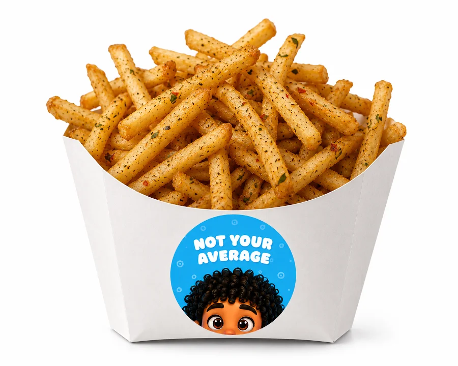 A carton filled with crispy seasoned fries, showcasing a fun label that says 'Not Your Average'.