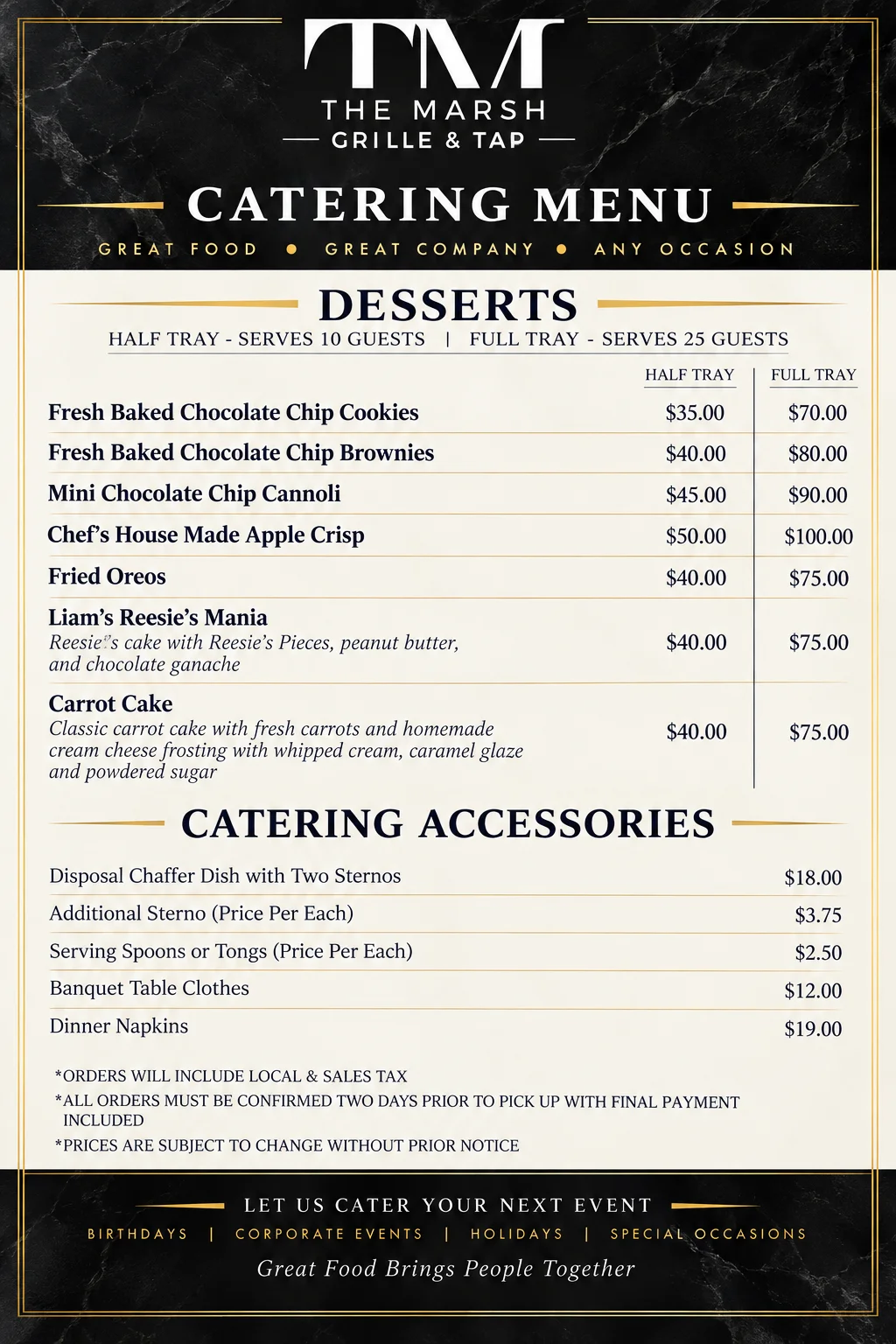 Catering dessert menu featuring assorted sweet treats and pricing