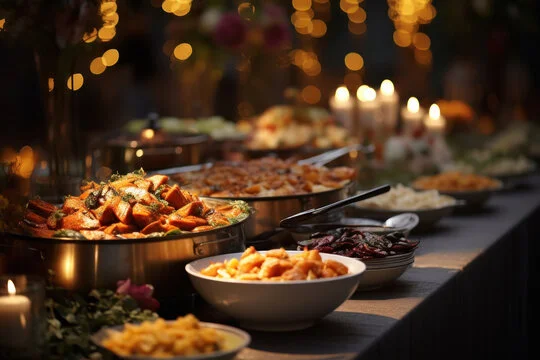 Buffet spread featuring Indian curries and rice dishes