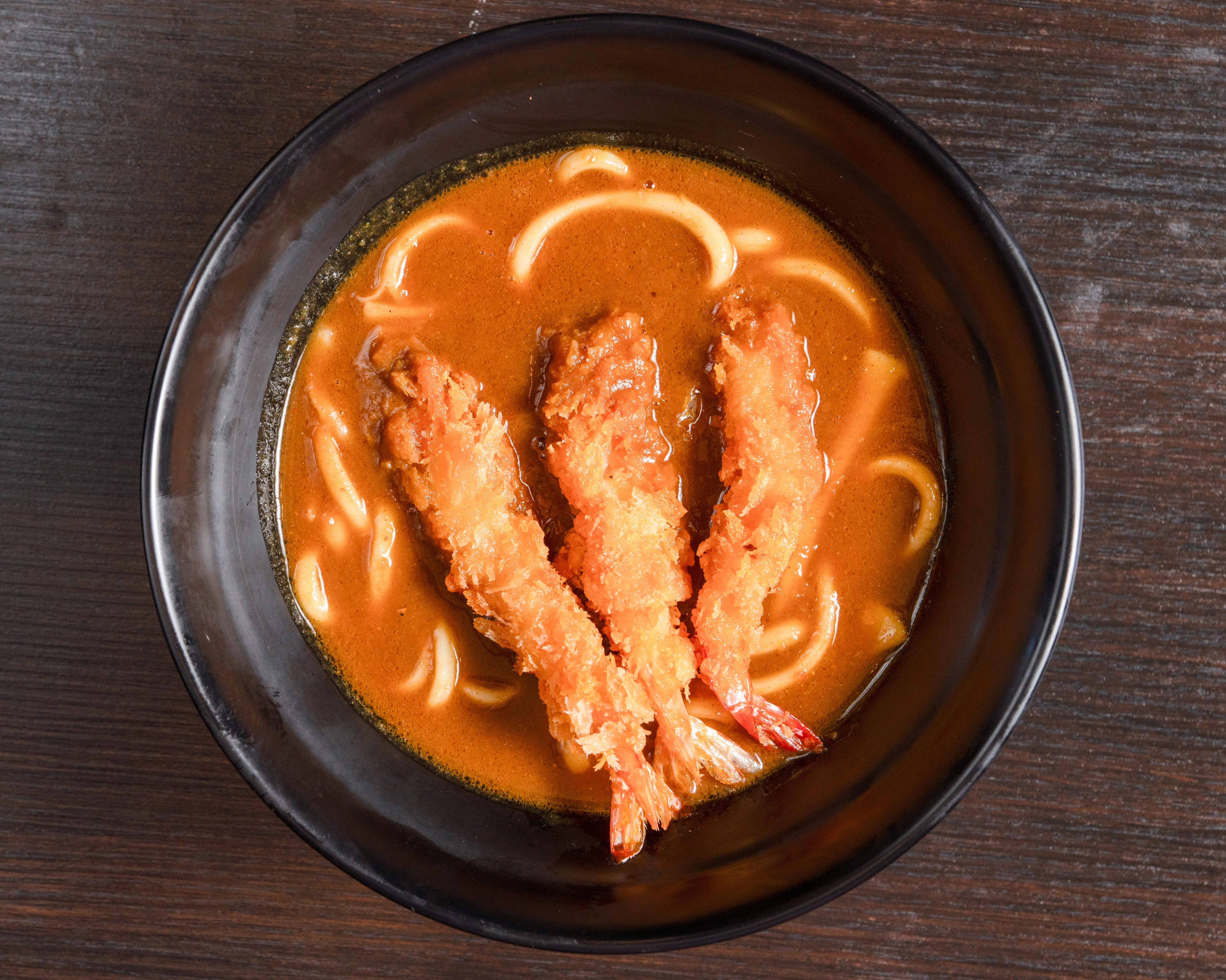 Japanese curry udon with crispy shrimp tempura