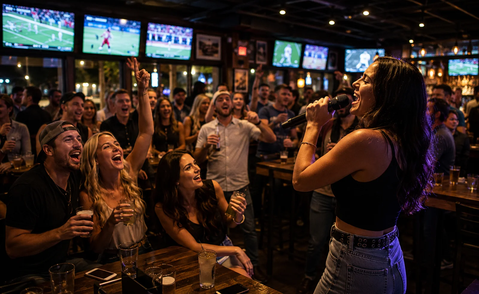 Karaoke night at Woodward Tavern with a singer and cheering crowd