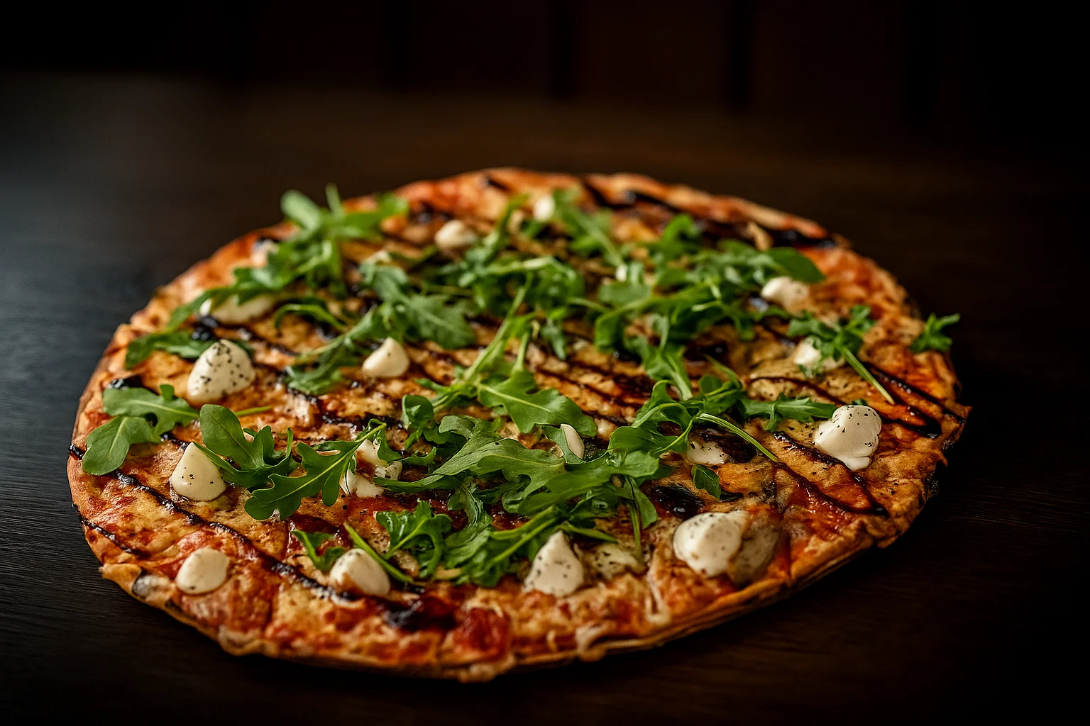 Gourmet pizza topped with arugula and drizzled balsamic glaze