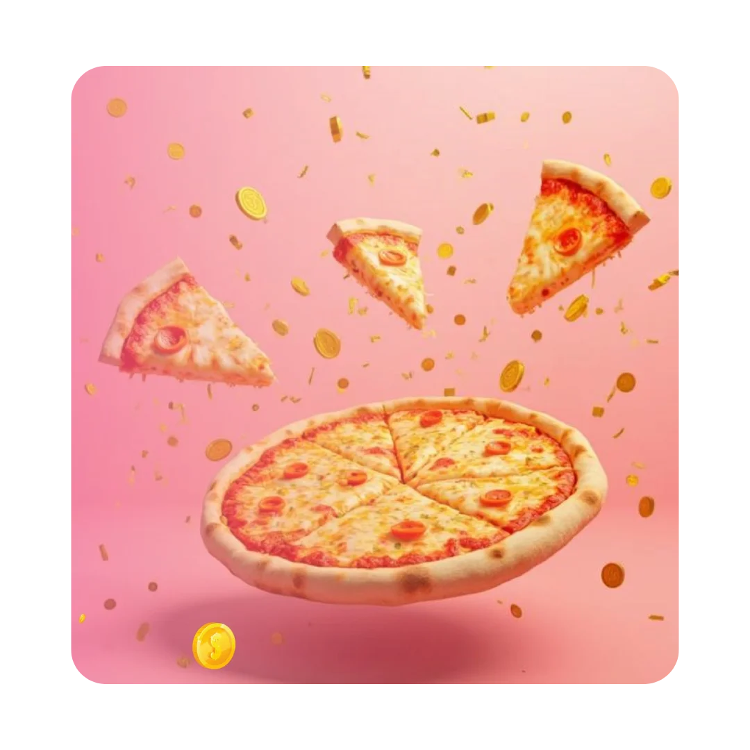 Floating Margherita pizza with golden coins on a pink background