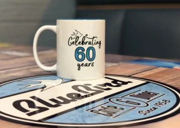 Ceramic mug celebrating 60 years of Bluebird restaurant