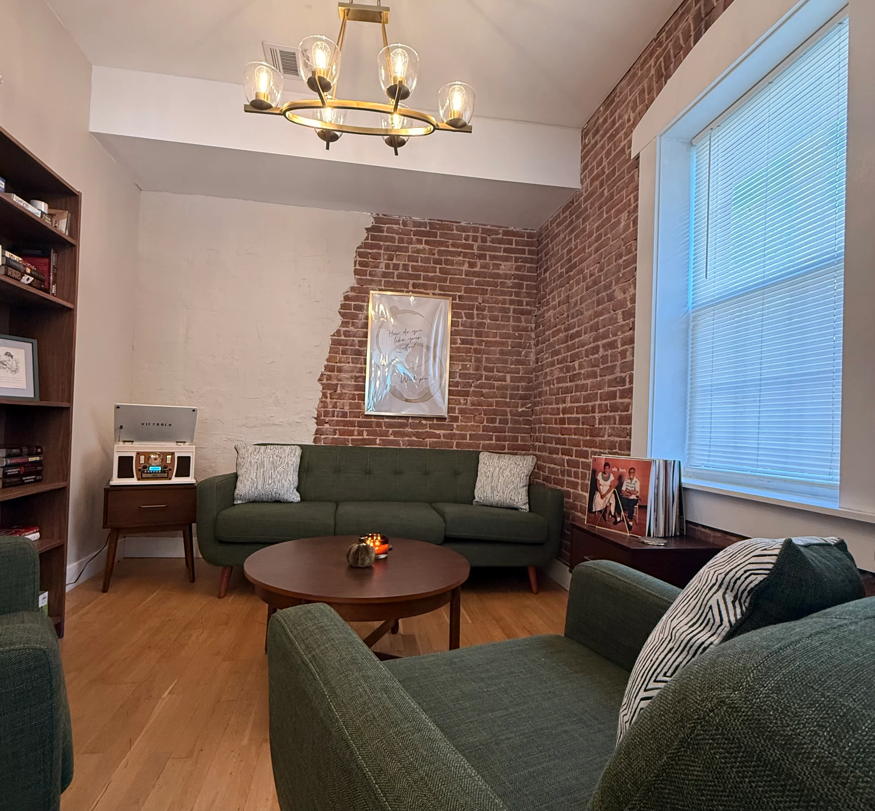 Cozy lounge area with exposed brick and modern decor