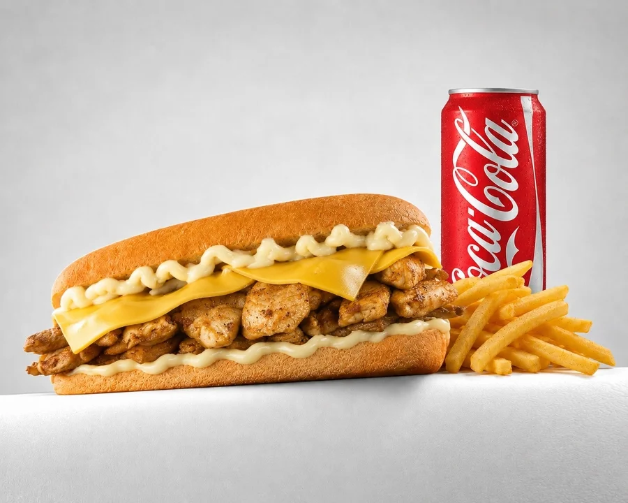 A sandwich filled with chicken, cheese, and mayonnaise, served with a can of soda and a side of fries.