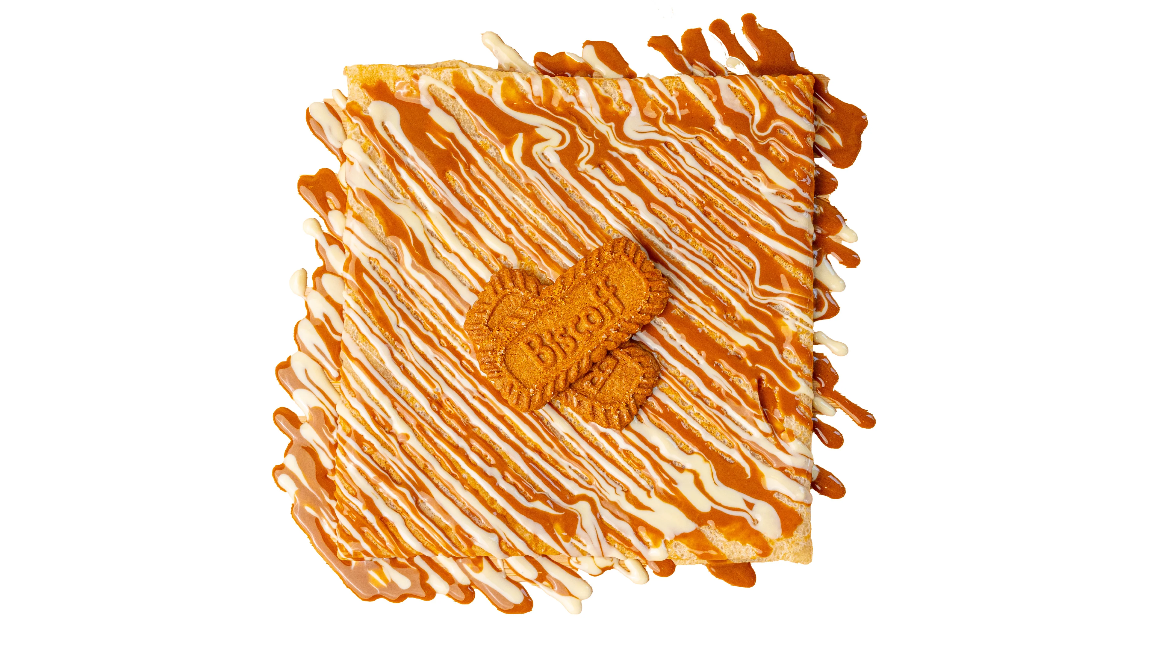 Dessert crepe stack with caramel drizzle and spiced cookies