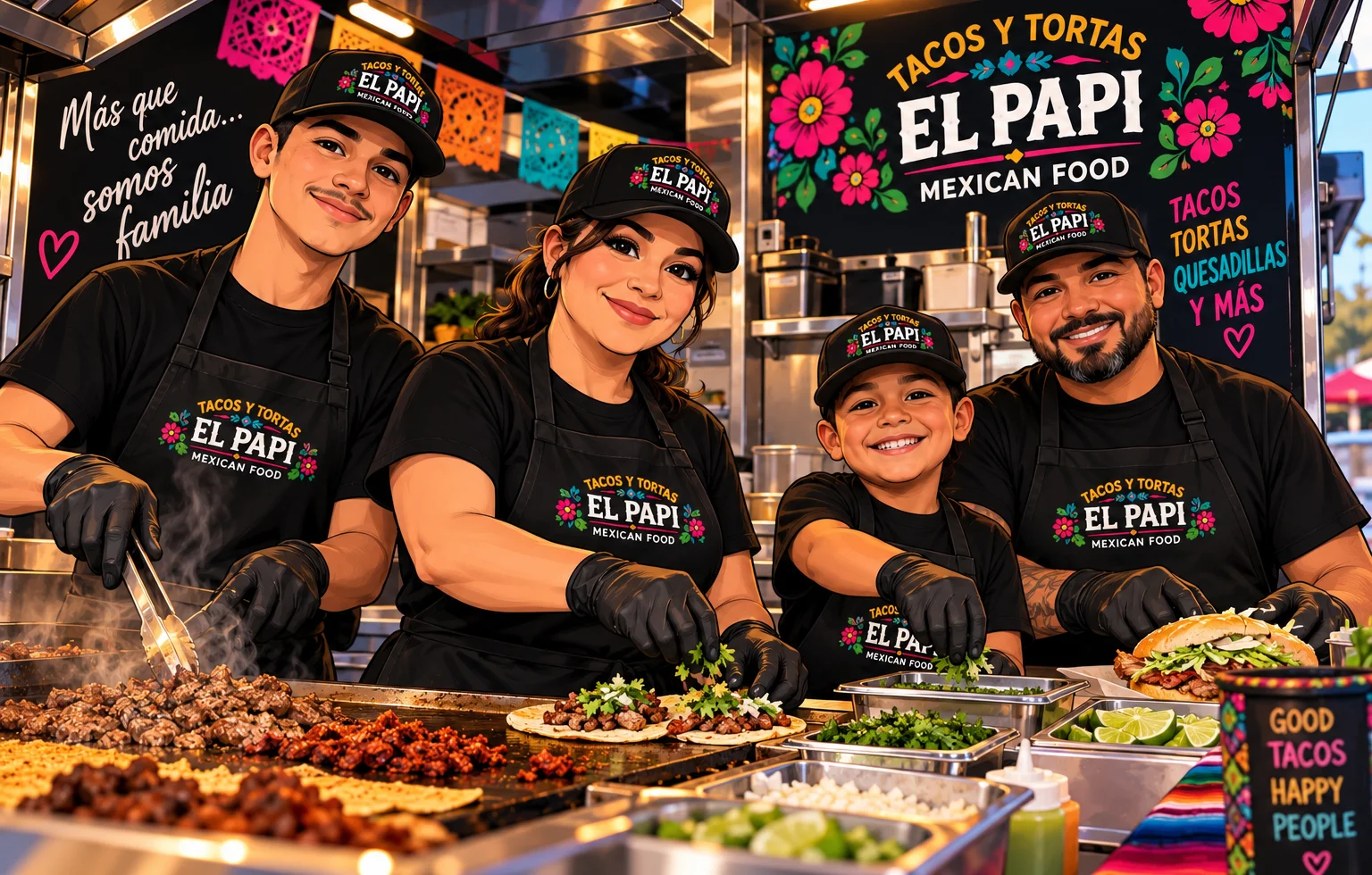 Family serving authentic Mexican tacos at a vibrant food stall