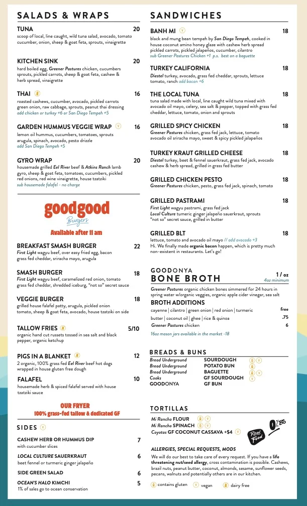 Diverse menu featuring sandwiches and salads in a casual dining setting
