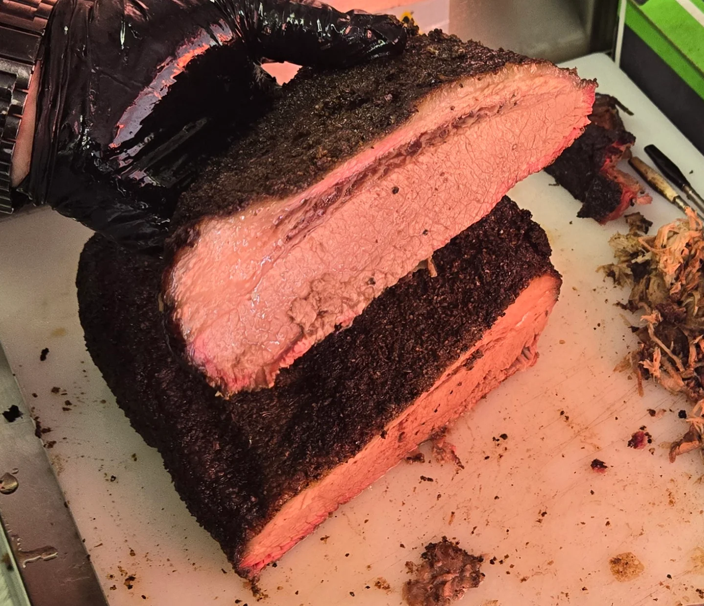 Sliced Texas-style brisket with a smoky crust