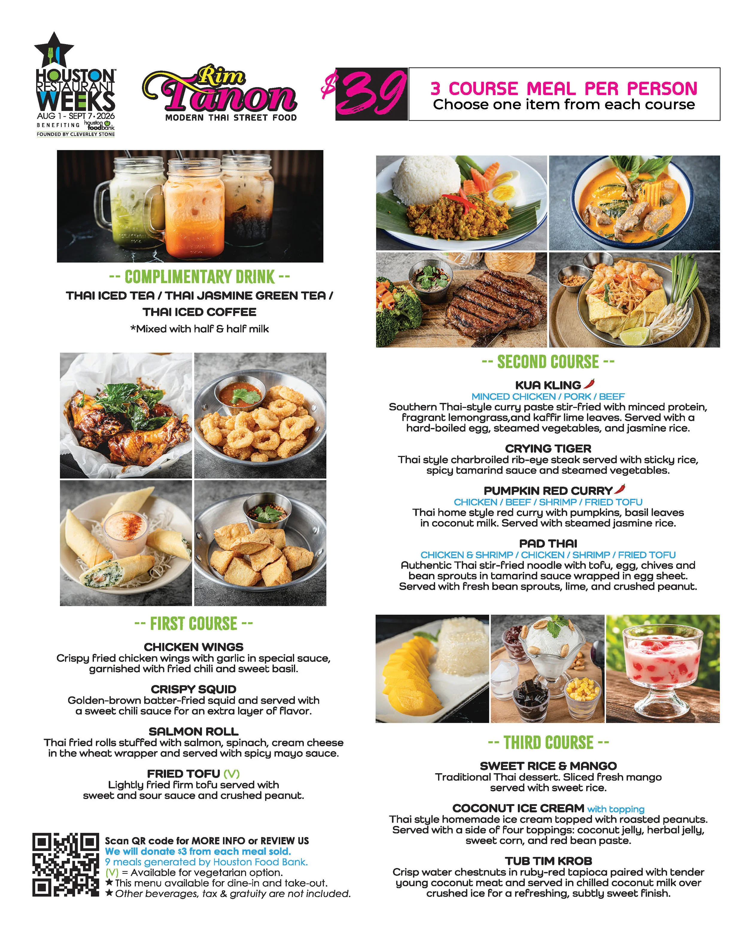 Thai street food menu featuring three-course meal options