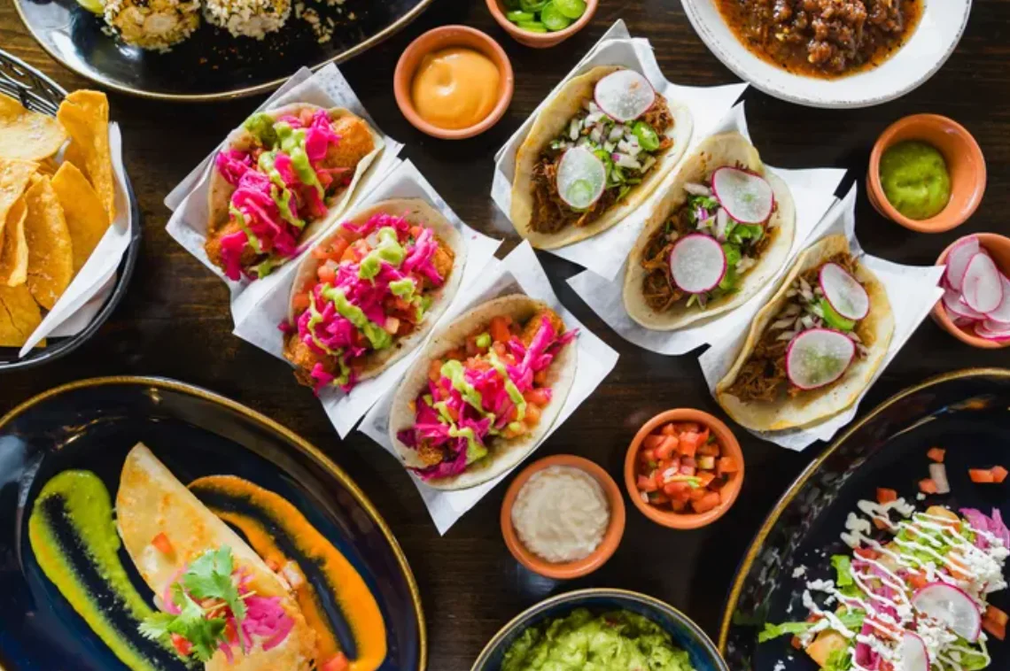 Colorful Mexican street tacos with vibrant toppings
