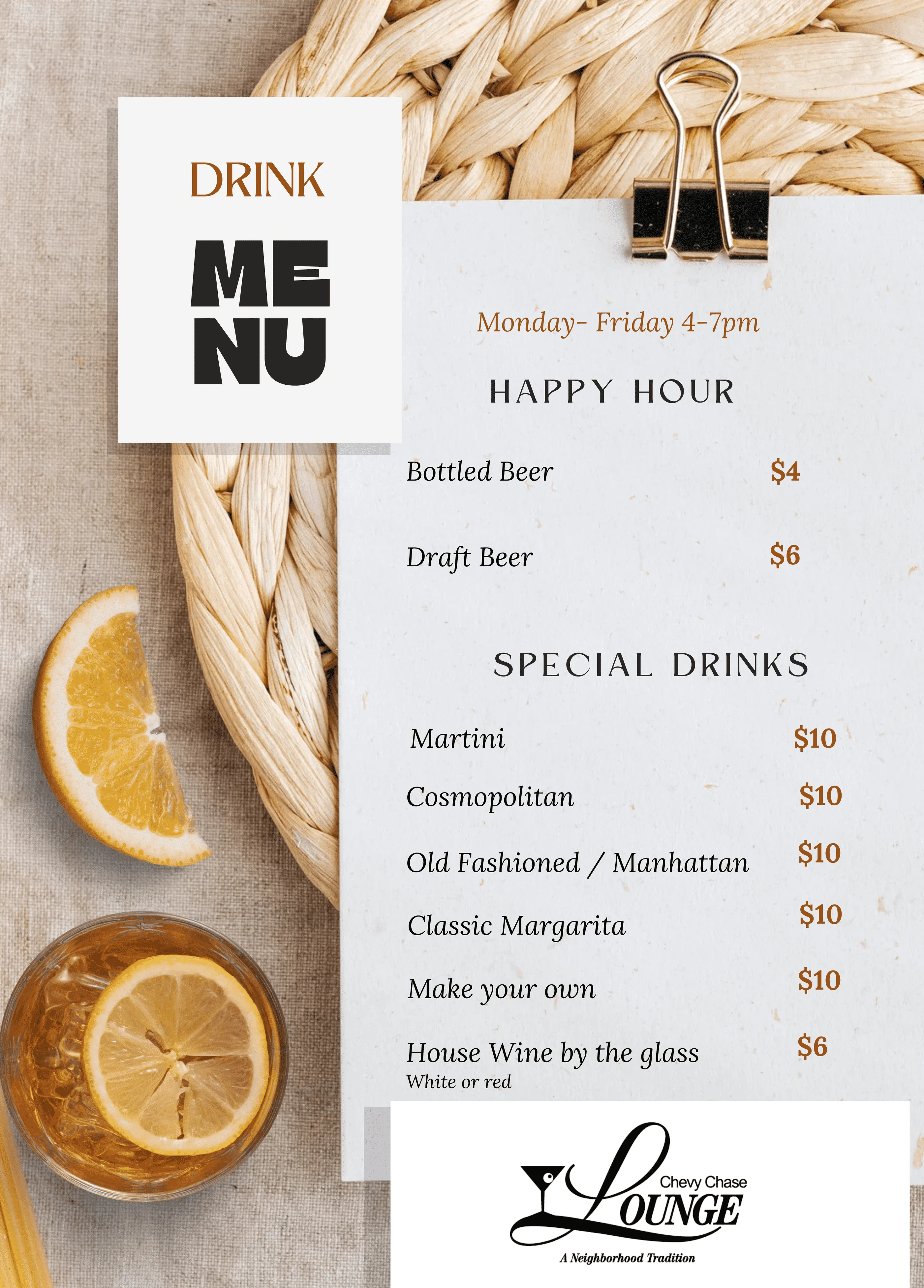 Drink menu featuring cocktails and happy hour specials