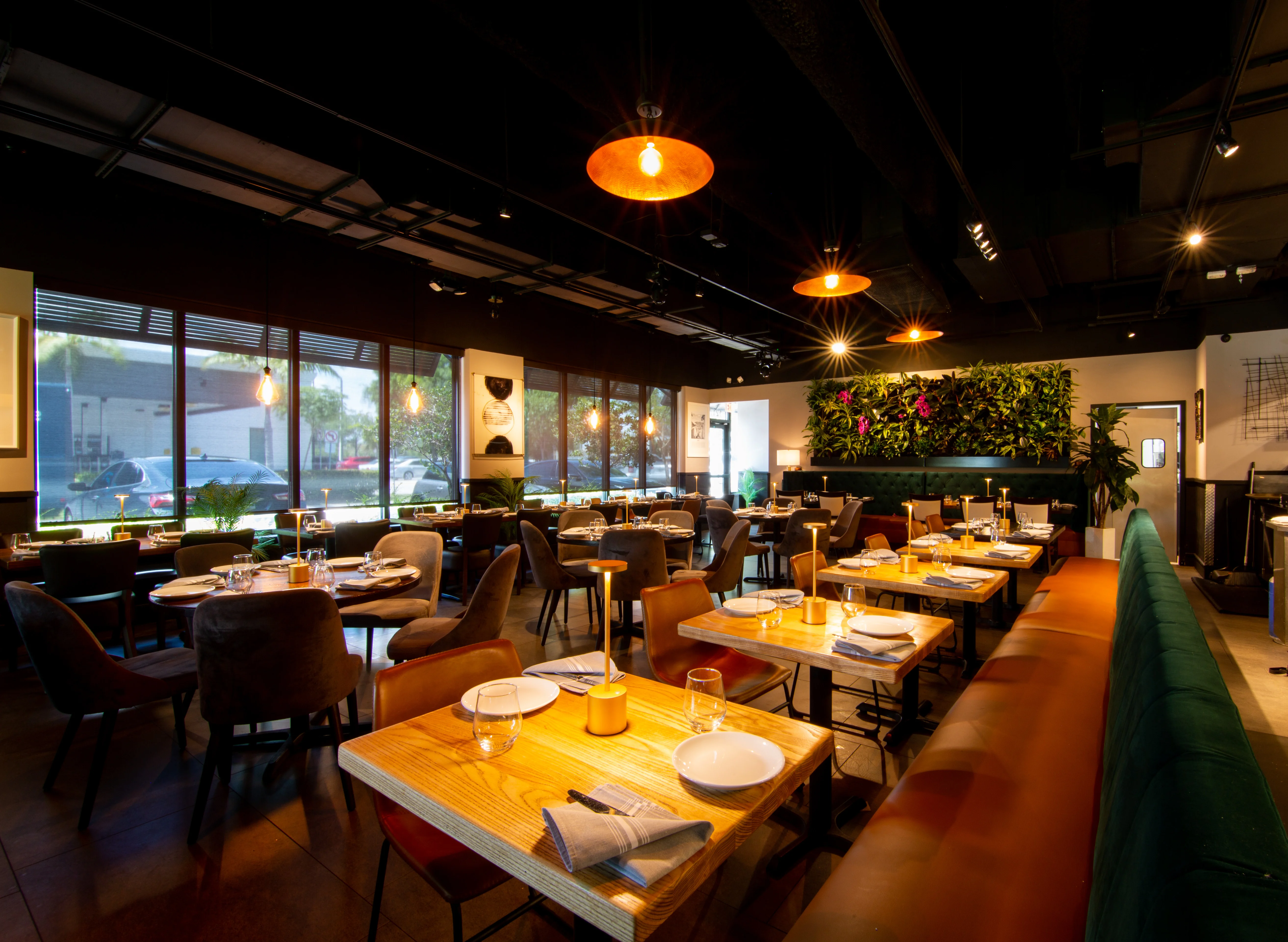 Modern restaurant interior with stylish decor and warm lighting