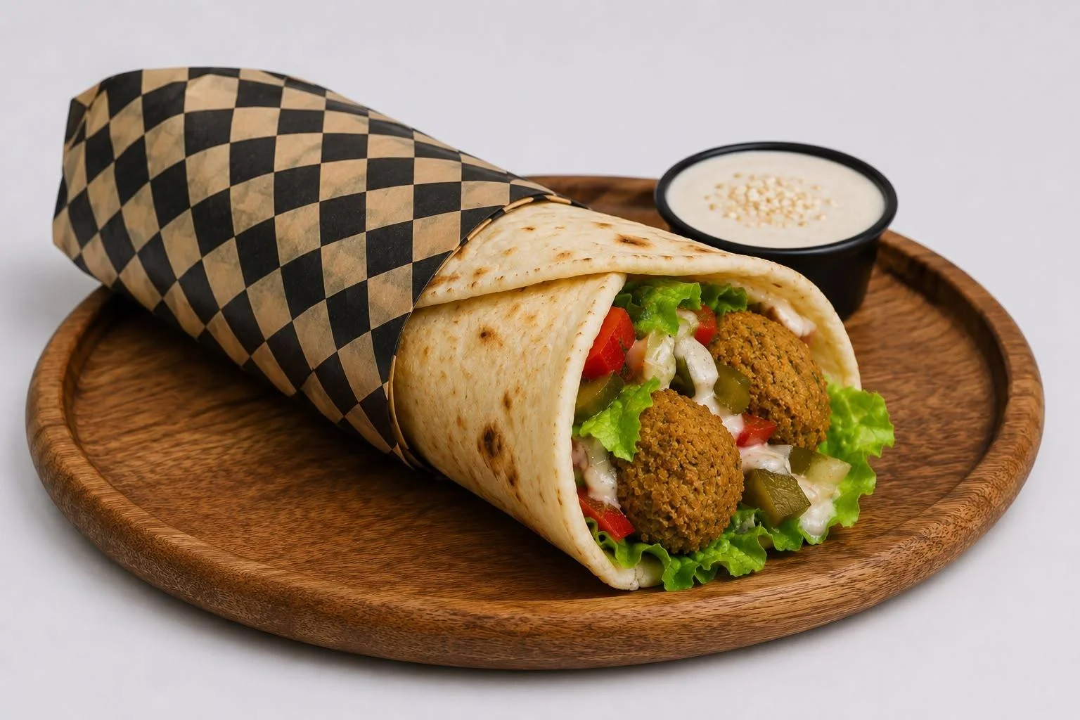 A falafel wrap containing lettuce, tomatoes, and pickles, served with a side of sauce in a bowl. The wrap is presented on a wooden plate.