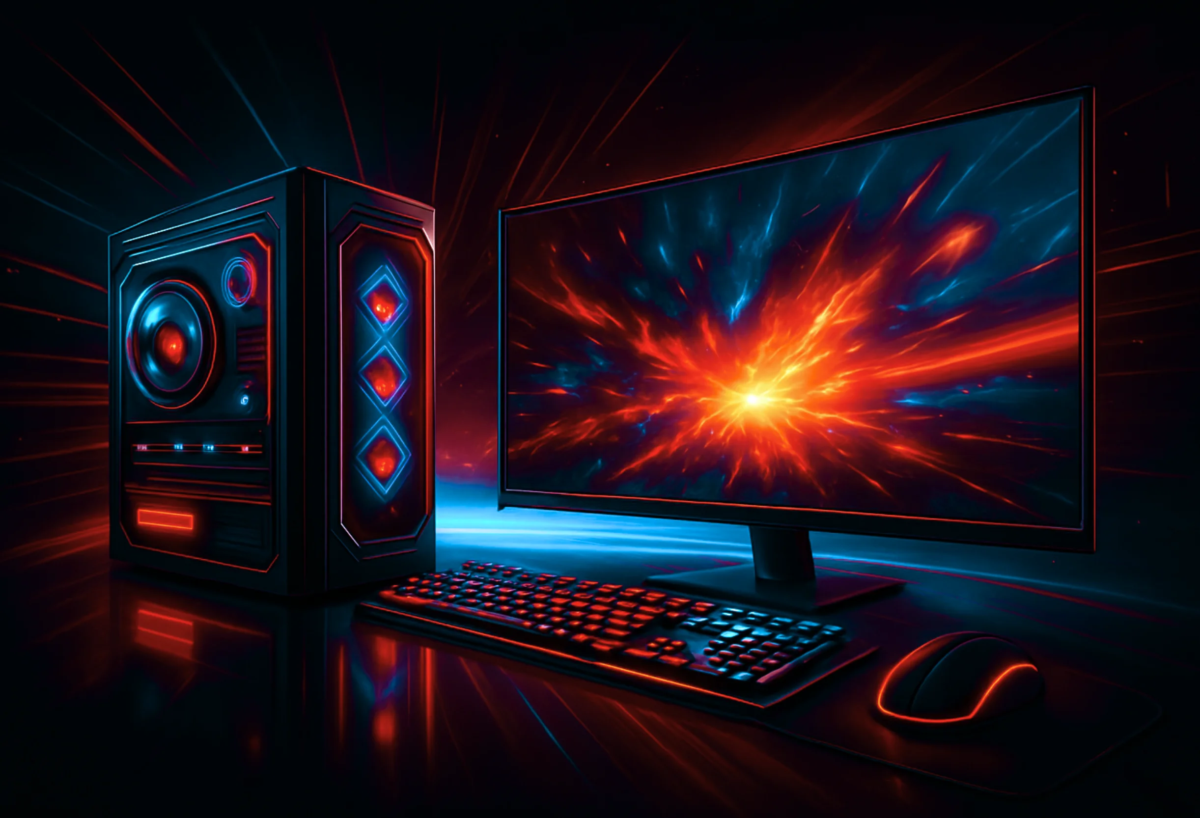 Futuristic gaming setup with a glowing PC and monitor