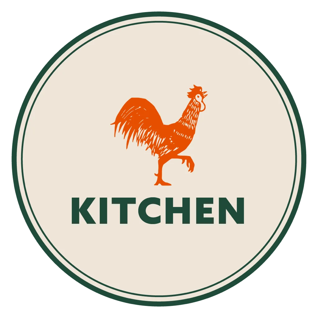 Logo of a kitchen featuring a rooster illustration