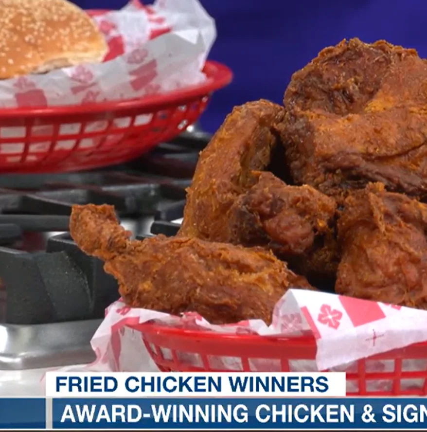 Crispy Southern fried chicken in a red basket