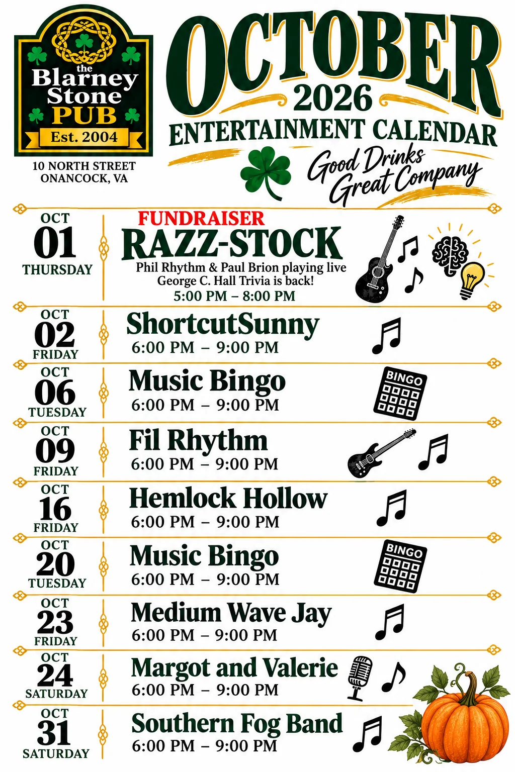 February entertainment schedule for a restaurant featuring live music and events.