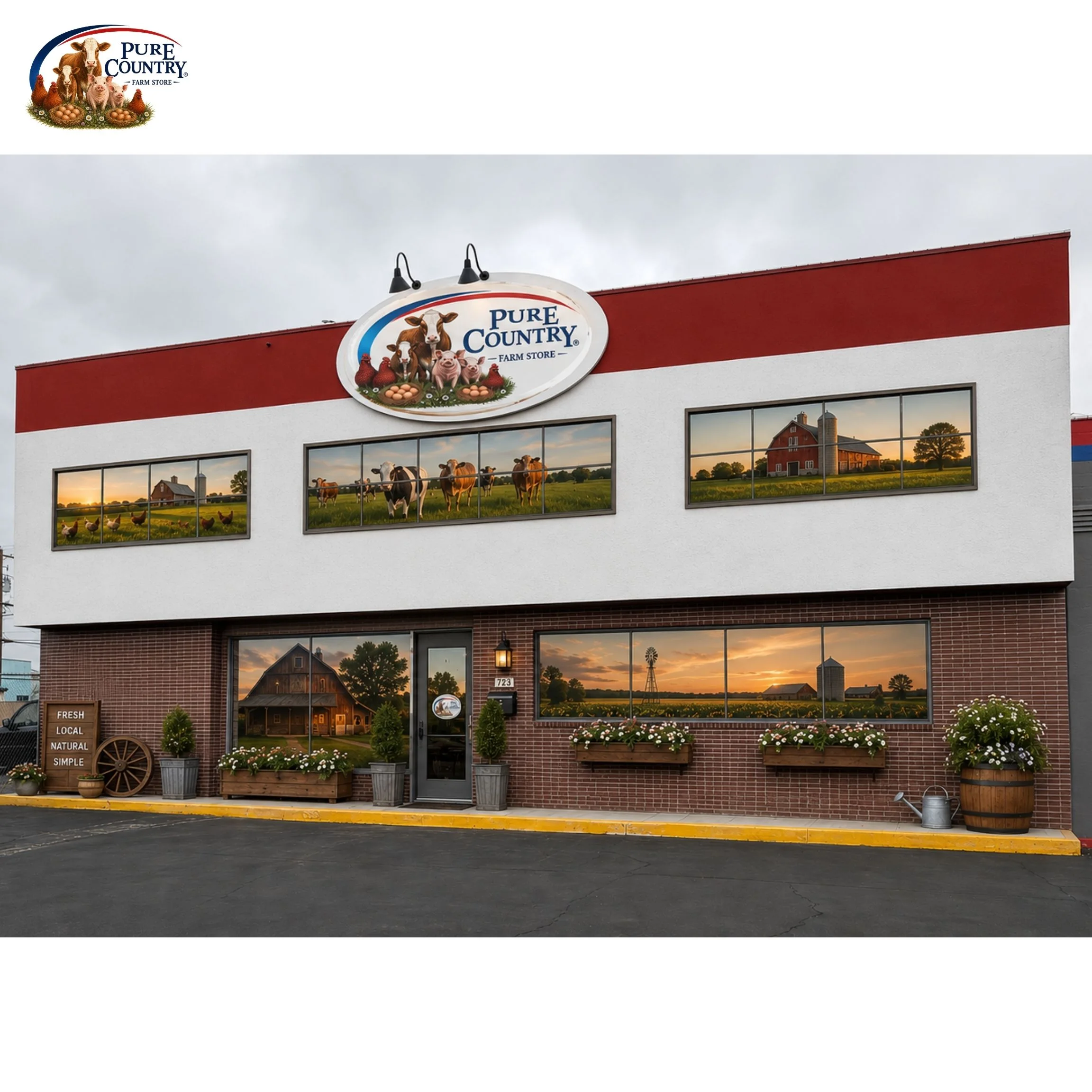 Exterior view of Pure Country farm store with scenic murals