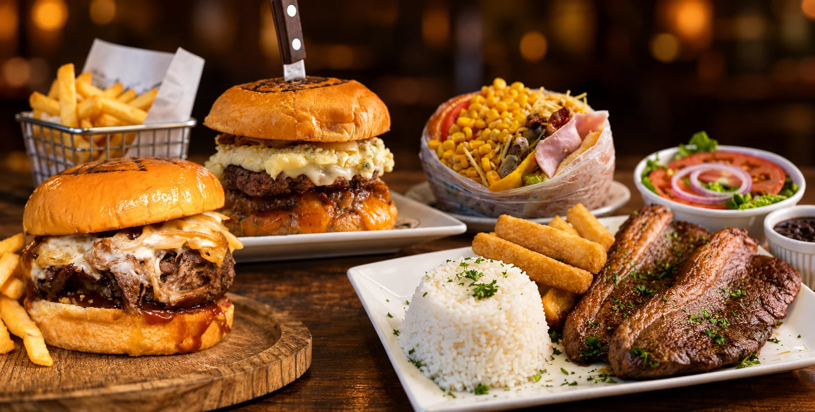 Juicy burgers and plate with picanha and fried yucca