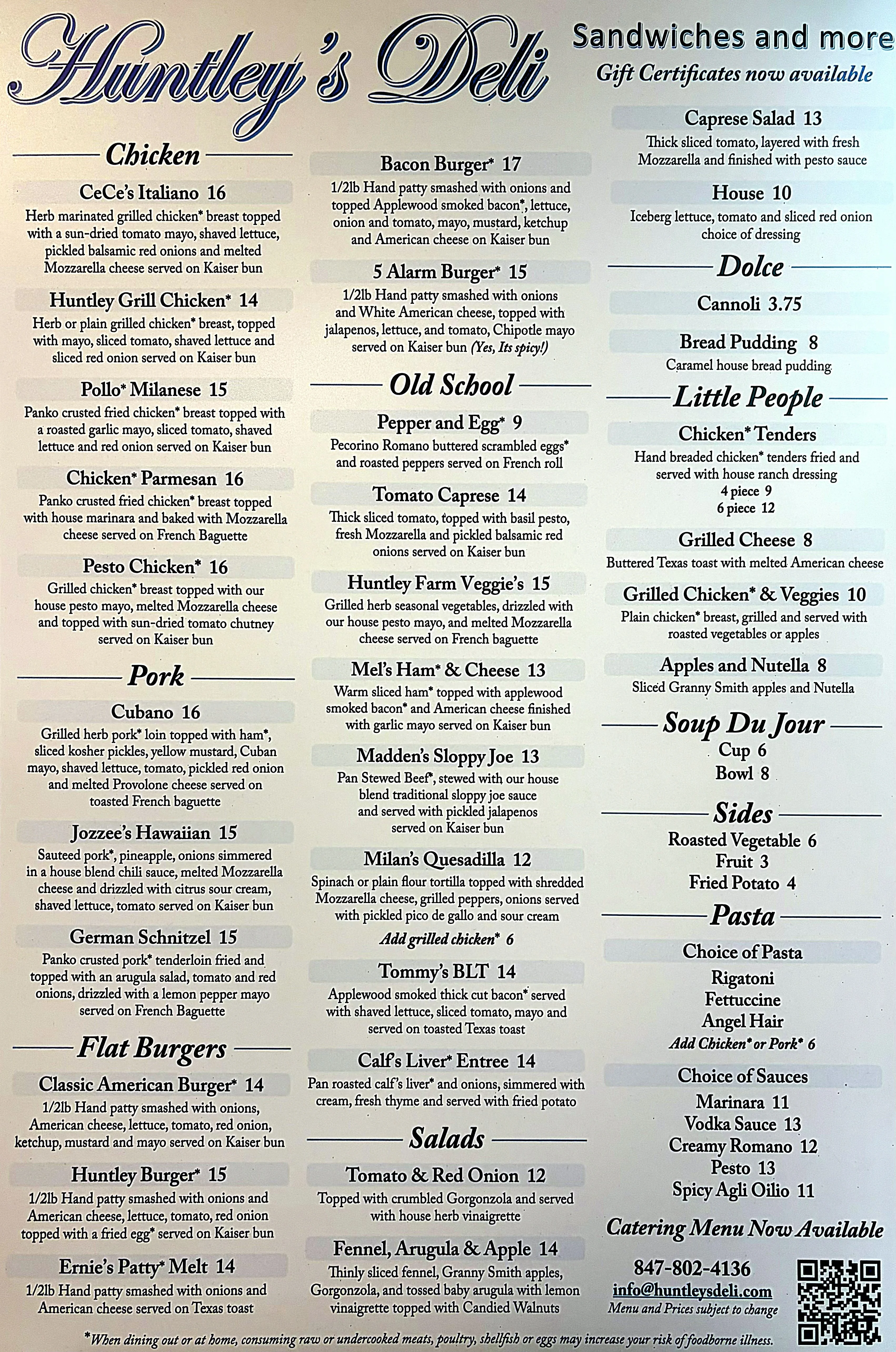 Restaurant menu featuring sandwiches, burgers, salads, desserts, and pasta