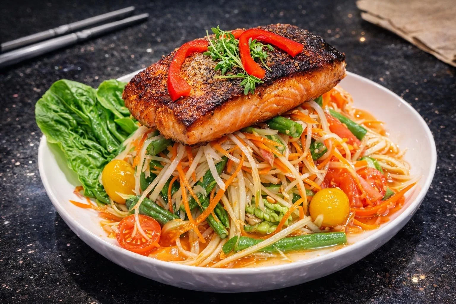 PAPAYA SALAD WITH GRILLED SALMON