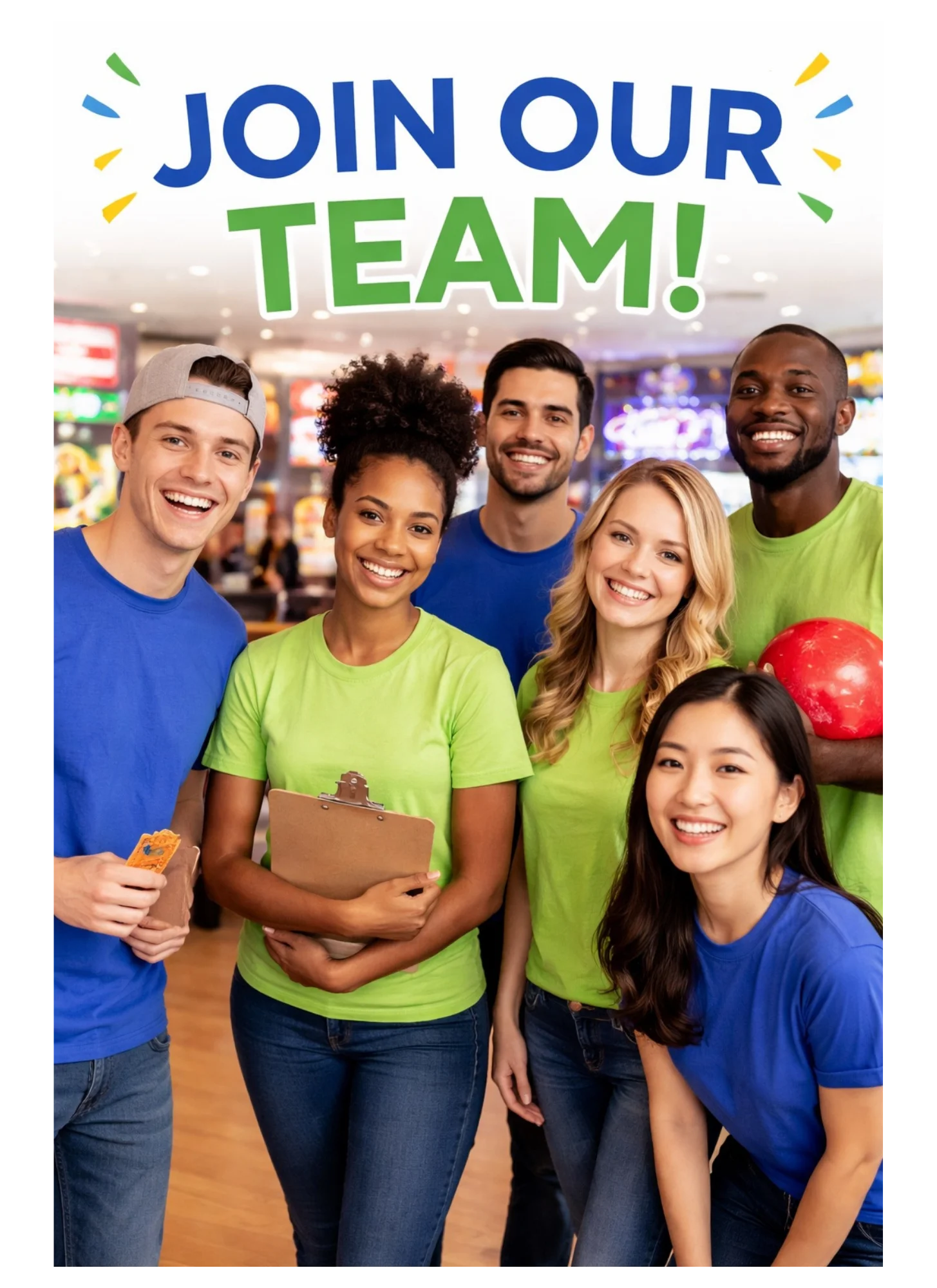 Diverse team of smiling staff promoting job opportunities
