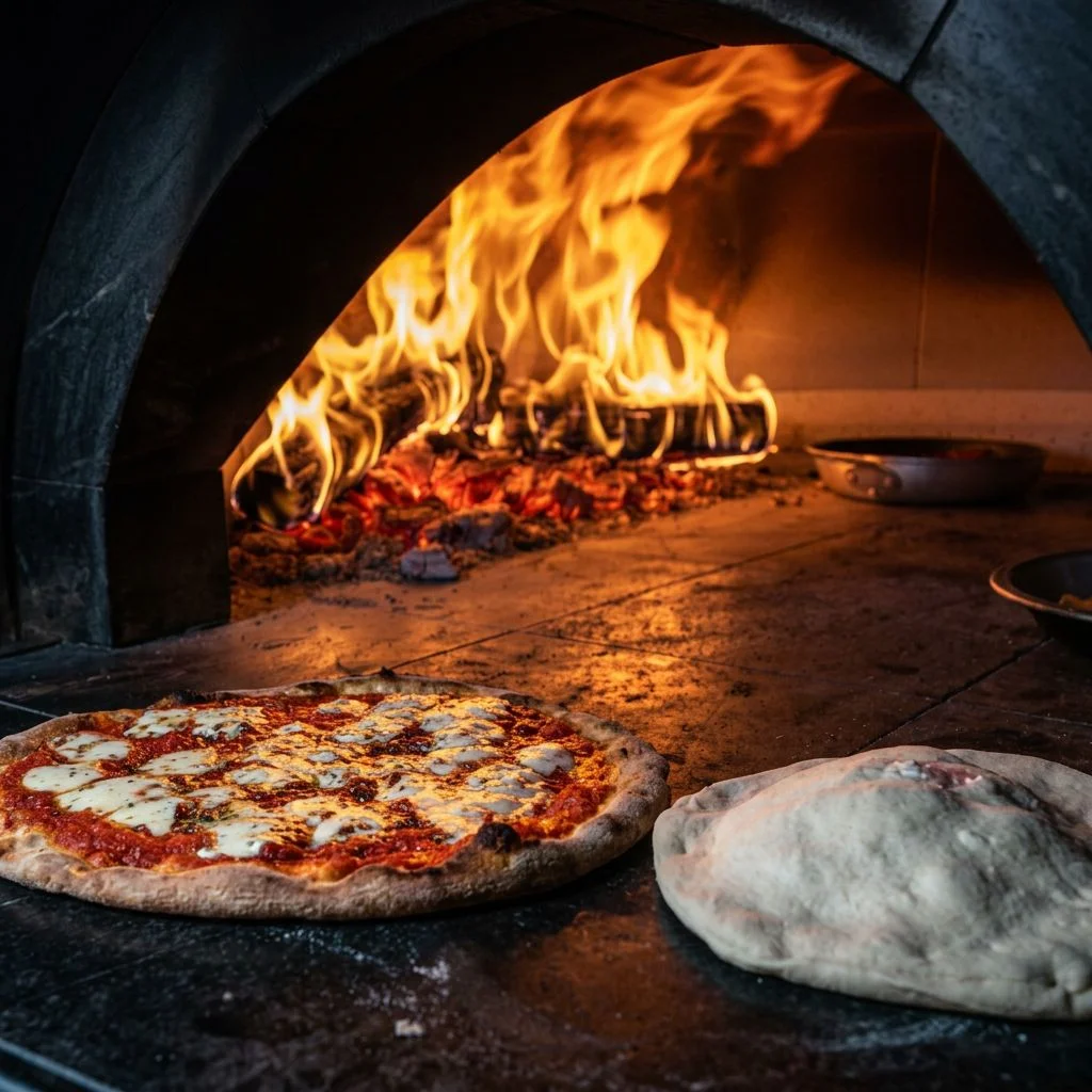 A wood-fired pizza oven with flames in the background. A freshly baked pizza with cheese and sauce is placed on a stone surface, alongside unbaked dough.