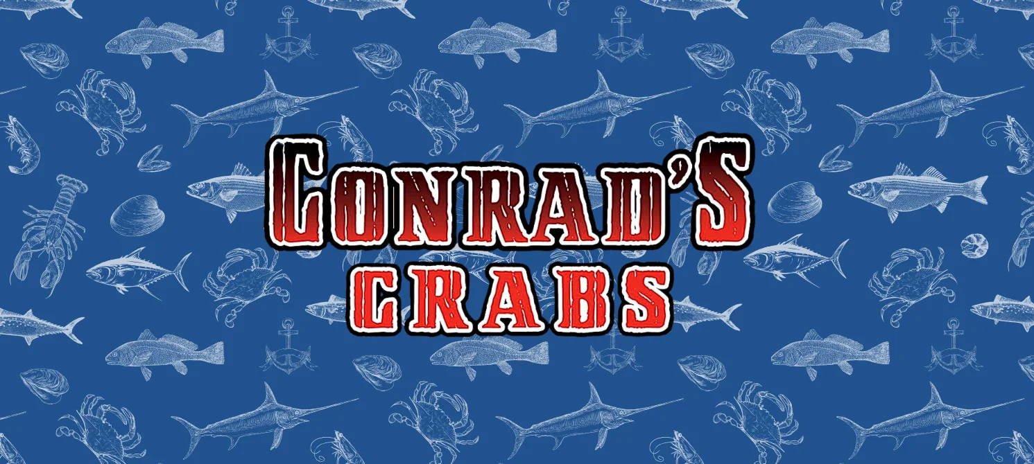 Conrad's Crabs logo with seafood illustrations on blue background