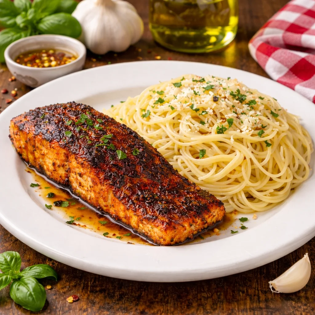 A delicious plate featuring a grilled salmon fillet alongside a serving of spaghetti, garnished with herbs and olive oil.