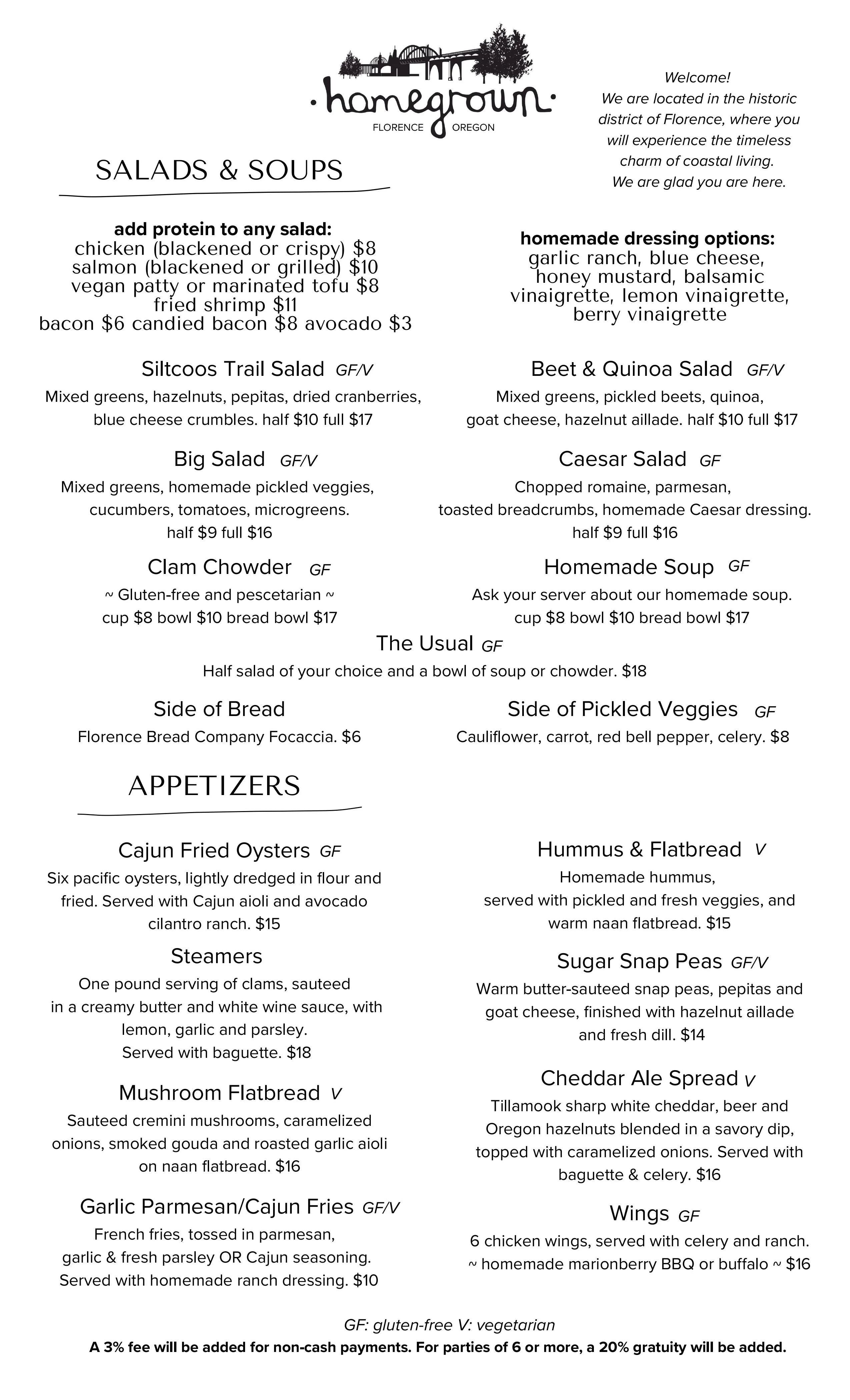 Menu featuring fresh salads and appetizers from a coastal restaurant