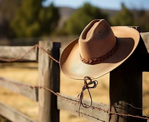 Cowboy hat hanging on a rustic wooden fence