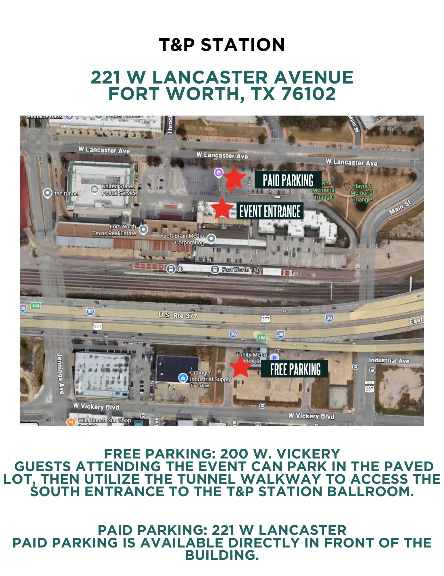 Map of T&P Station with parking details in Fort Worth, TX