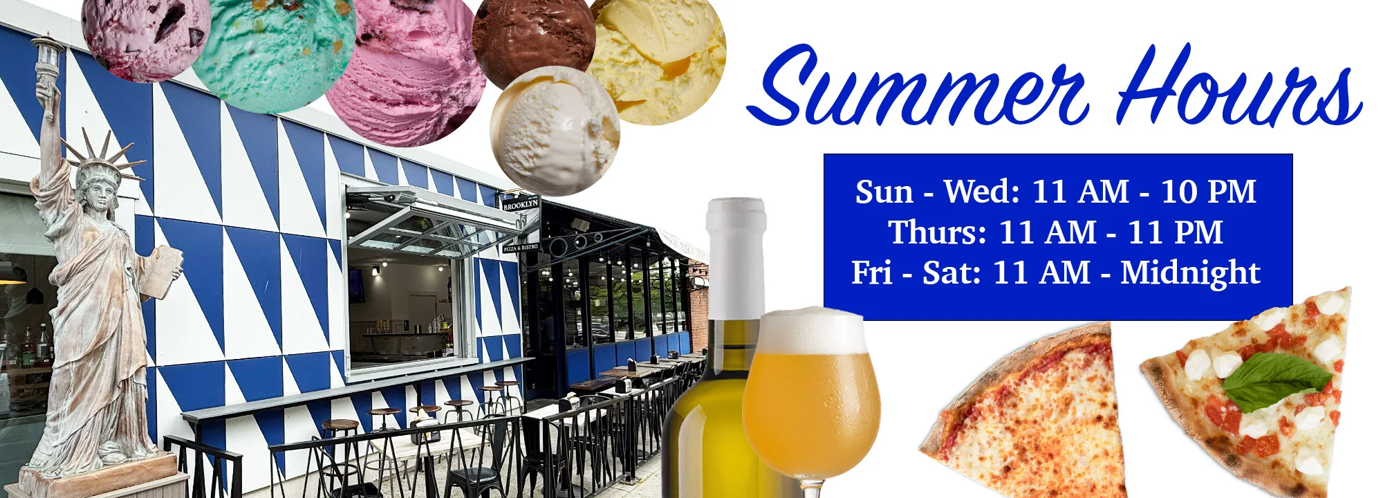 Restaurant exterior with ice cream and pizza, summer hours displayed.