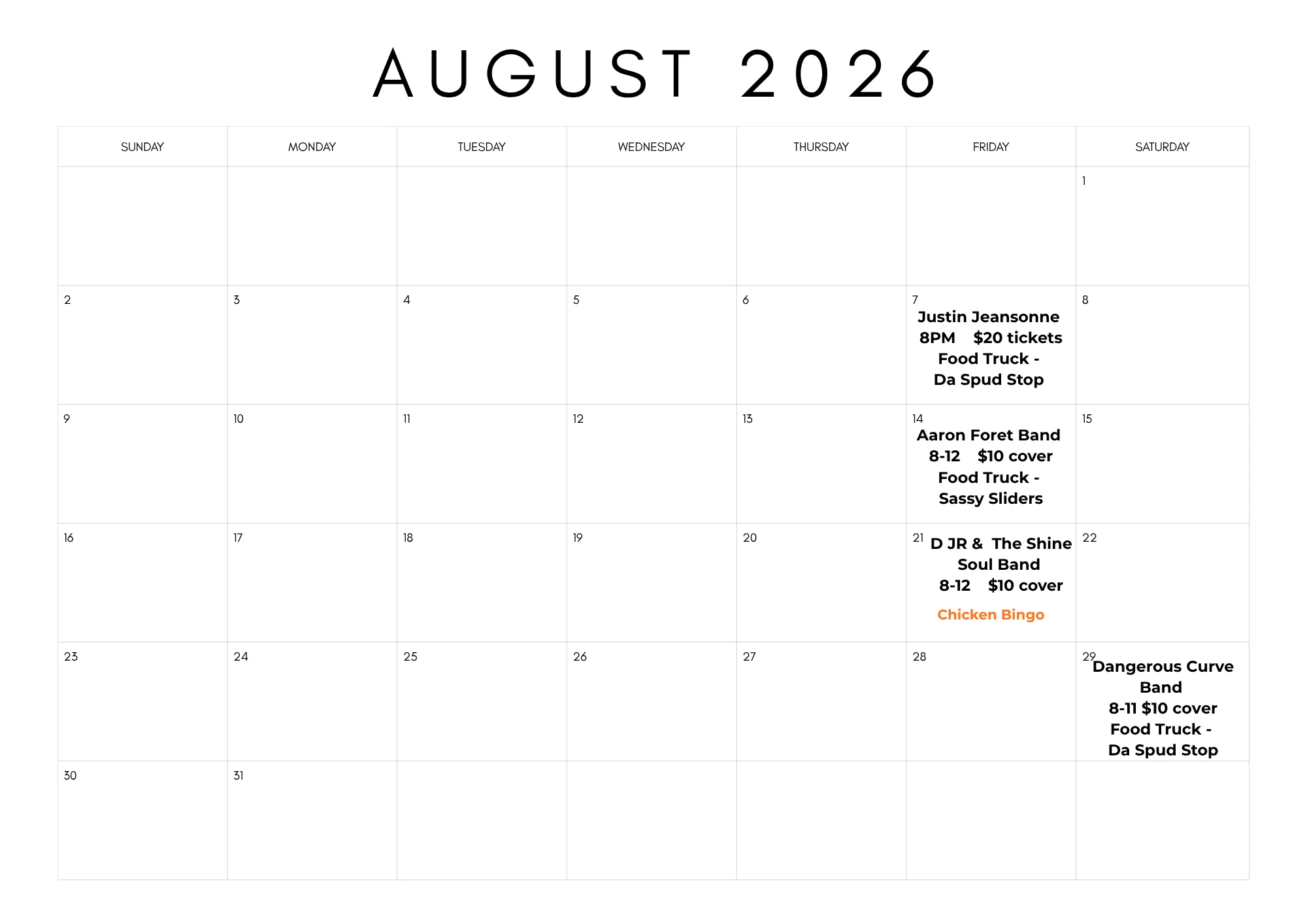 Event calendar for March 2026 featuring live music and food trucks