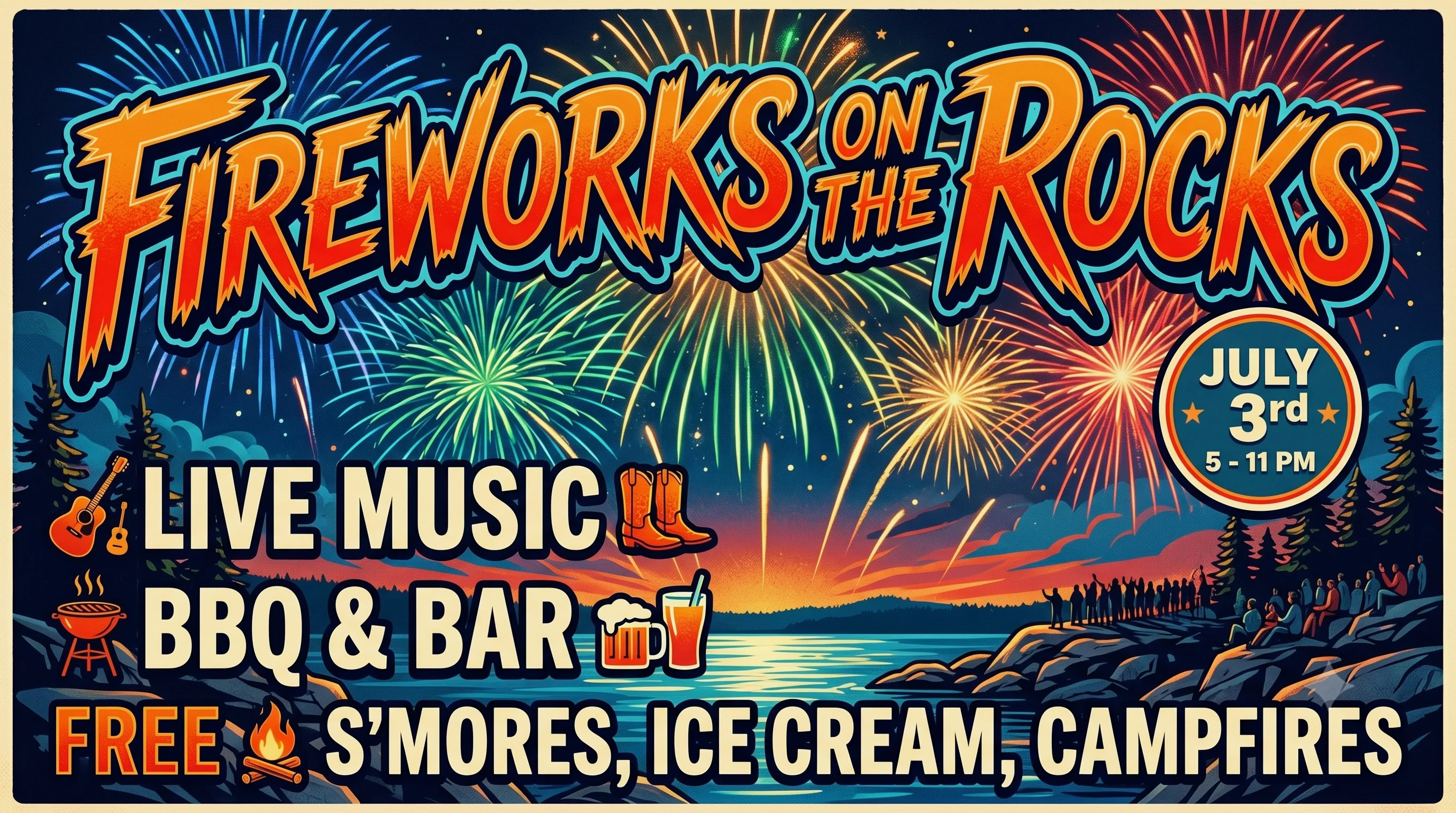 Fireworks celebration event poster with live music and BBQ