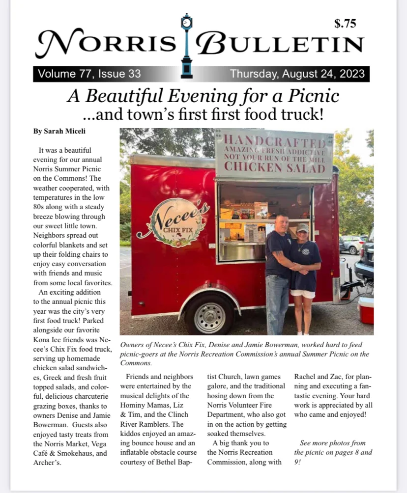 Food truck serving homemade chicken salad sandwiches at a summer picnic
