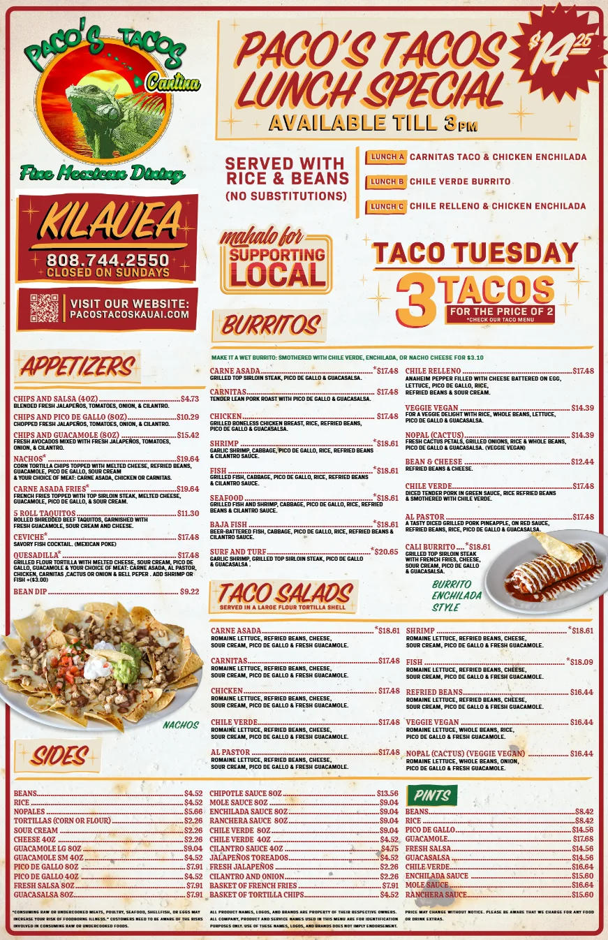 Colorful Mexican menu featuring tacos and burritos