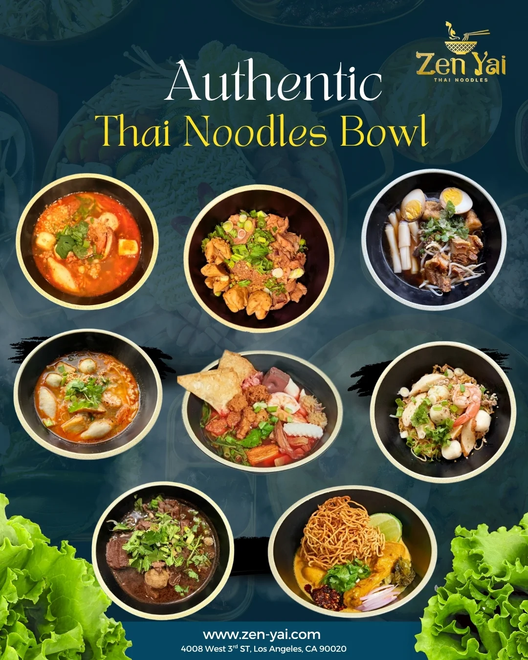 An assortment of Thai noodle bowls featuring a variety of ingredients such as shrimp, herbs, and noodles, presented in black bowls.