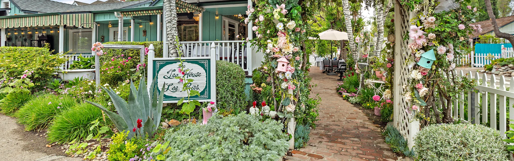 Charming entrance to a floral-themed tea house