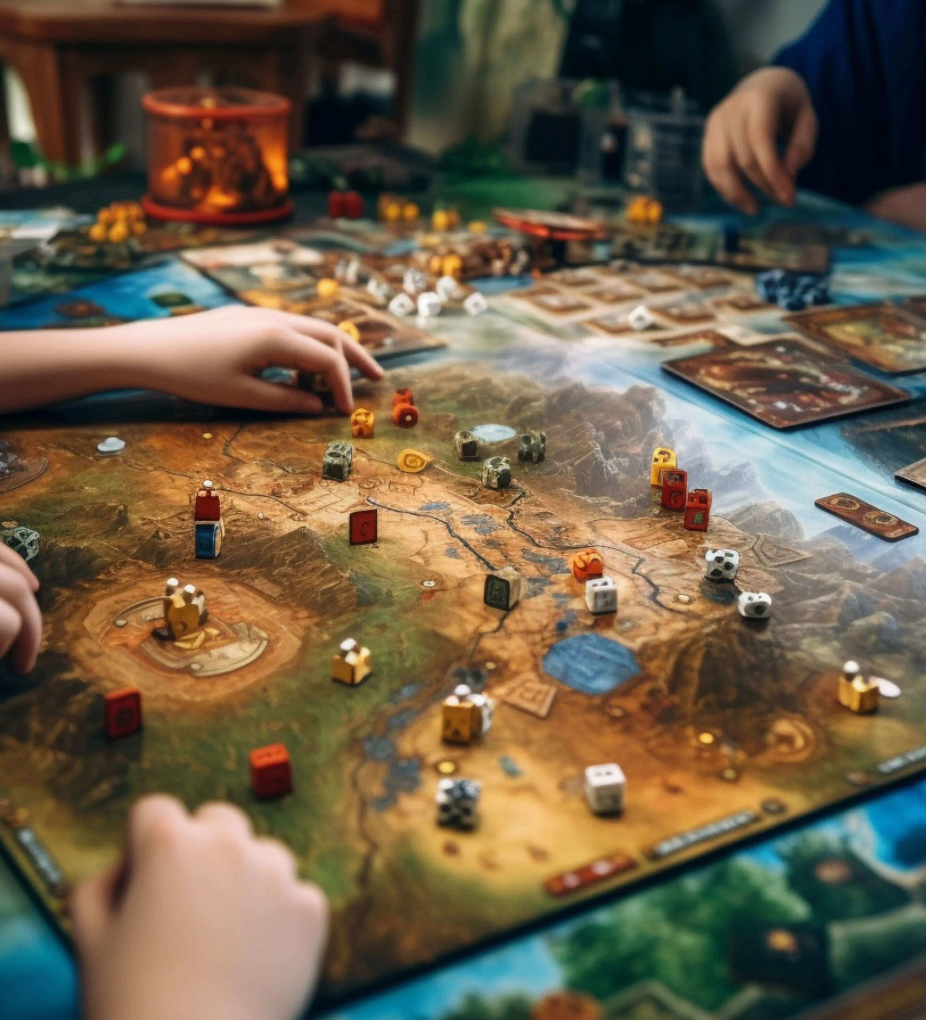 Players engaged in a board game with colorful pieces and strategy elements
