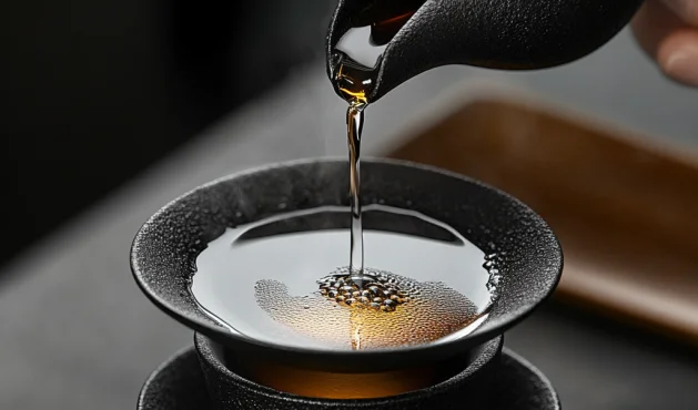 Pouring tea into traditional Chinese cups