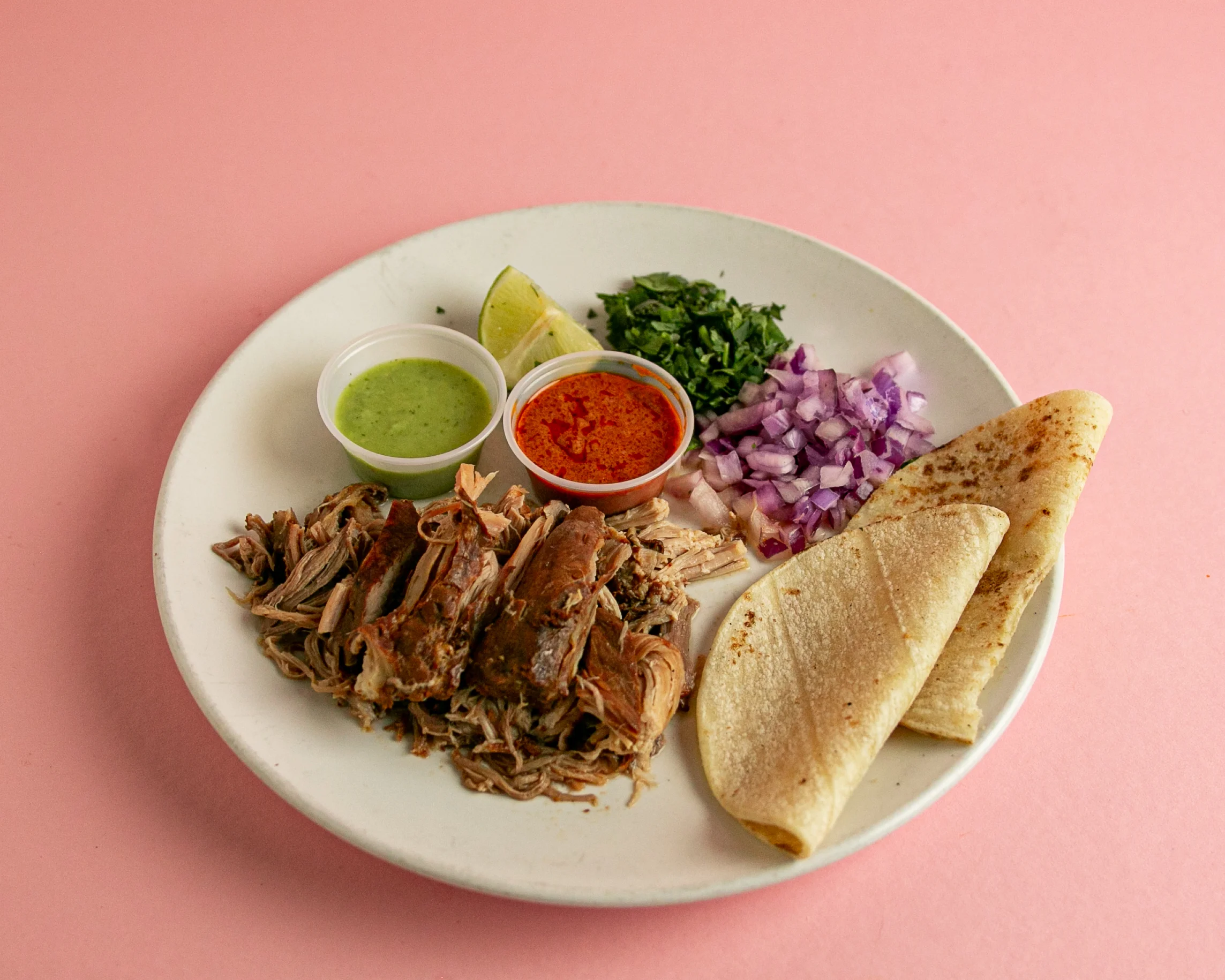 Plate of Mexican carnitas with tortillas and salsas
