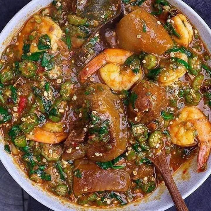 Nigerian okra soup with shrimp and assorted meats