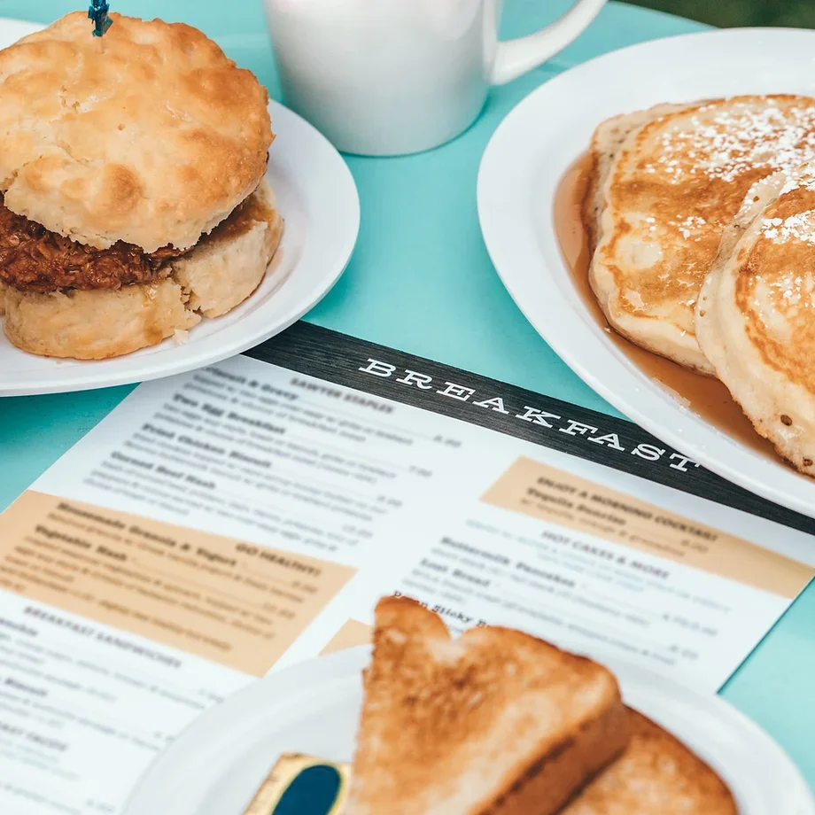 Southern biscuit sandwich with fried chicken and pancakes