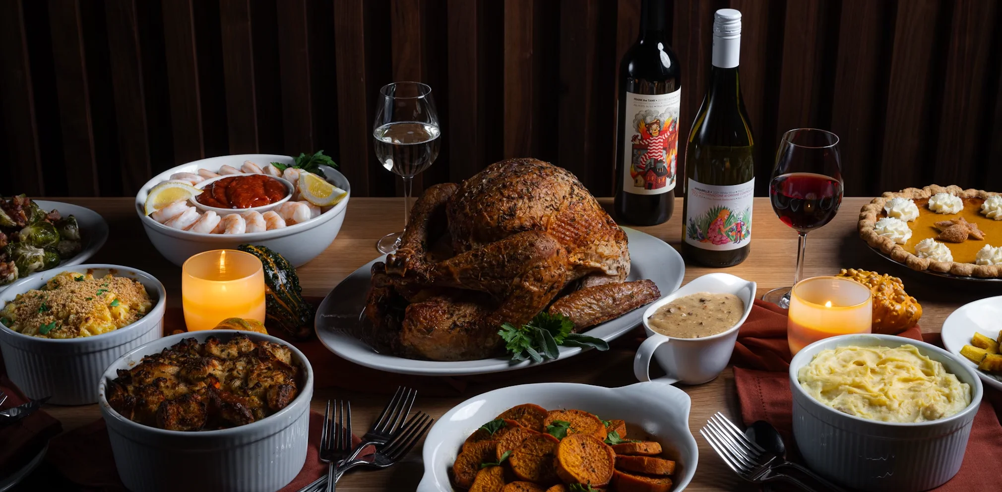 Thanksgiving feast with roasted turkey and sides