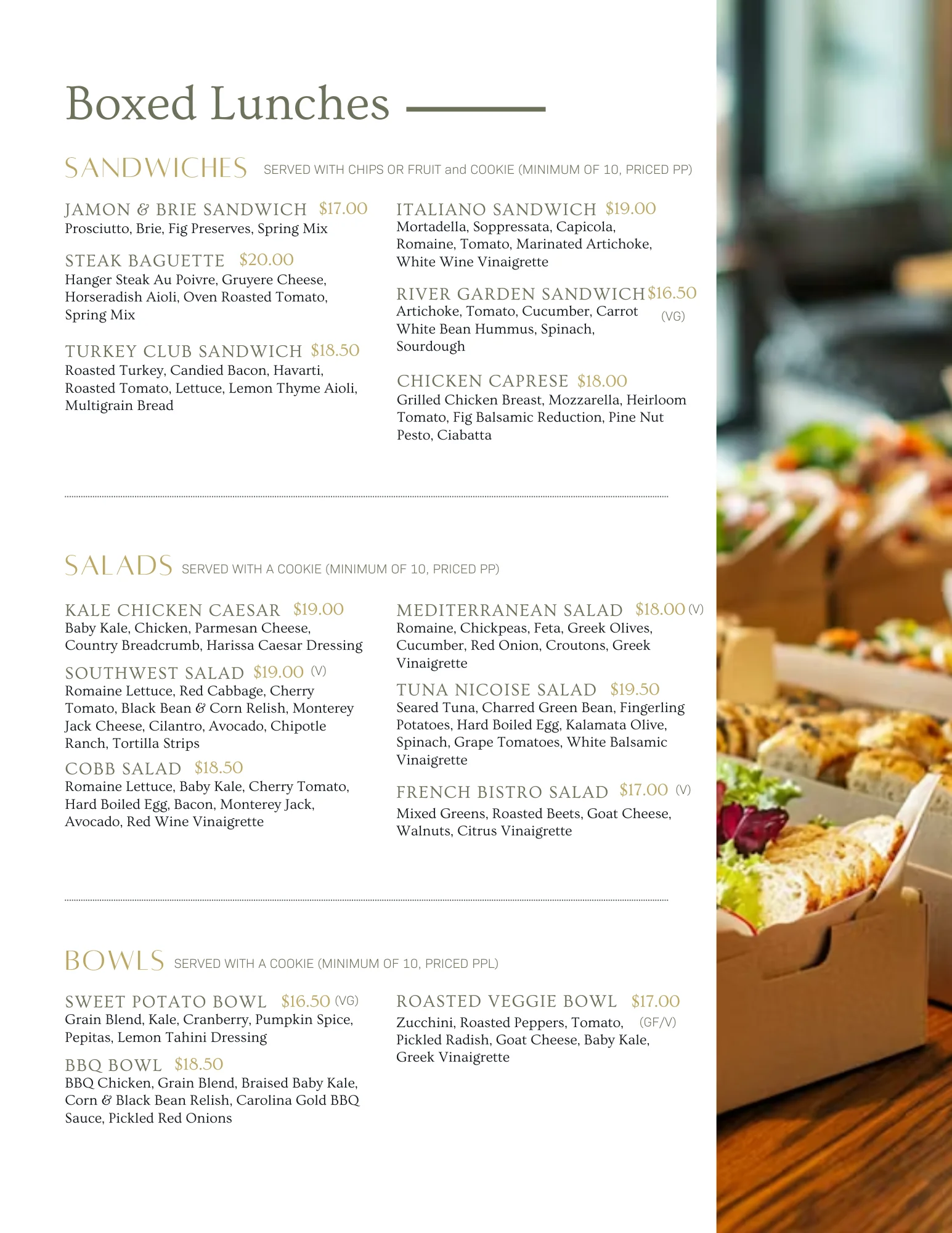 Boxed lunch options featuring gourmet sandwiches and salads