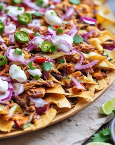 Delicious nachos topped with chicken, cheese, onions, and jalapeños.